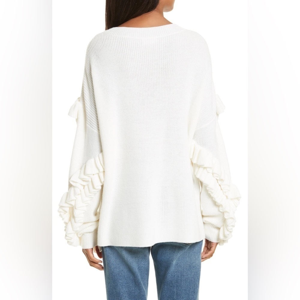 FRAME Ruffle Dolman Yoke Bateau Neck Off Merino Wool Blend White Sweater - Picture 3 of 9